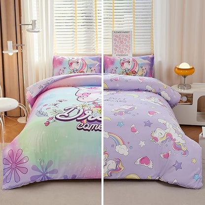 Unicorn Comforter Twin,Girls Pink Comforter Set,Kids Twin Comforter Set for Girls,Teen Girl Purple Unicorn Bedding Set Twin,Unicorn Room Decor with 2 Pillowcases