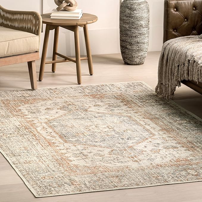 nuLOOM 4x6 Machine Washable Rain Haven Vintage Medallion Area Rug, Light Grey, Traditional Faded Design, Non-Slip Backing, Stain Resistant, For Bedroom, Dining Room, Living Room, Kitchen