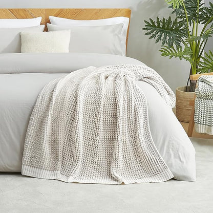 Amélie Home Chenille Waffle Throw Blanket for Couch, Reversible Pineapple Stitch Knit Soft Cozy Knit Blanket Lightweight Warm Decorative Throw for Sofa, Bed, Living Room, 50"x60", Beige&Ivory