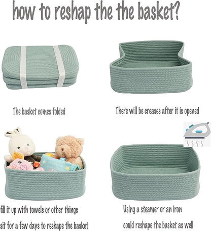 Small Woven Storage Baskets 12“X8”X5“ Decorative Rope Bins for Organizing Shelves, Closets, and Toys, Empty Gift Baskets, Cute Organizer Basket for Home and Office (green, regular)
