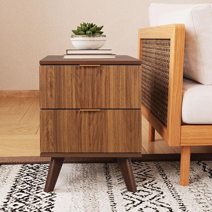 Fluted Nightstand, Mid Century Modern 2 Drawer Bedside Table for Bedroom, Small Dresser Night Stand Side End Table with Wood Fluted Drawer Storage for Bedroom Closet(Walnut)