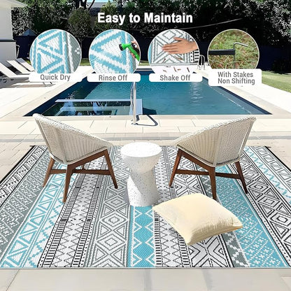 GAOMON Outdoor Rug Waterproof 8'x10', Reversible Outdoor Plastic Straw Rug, Boho Patio Rug, Indoor Outdoor Carpet, RV Mat Outside for Patio, Camp, Picnic, Balcony, Deck, Blue/Grey(Bohemia)