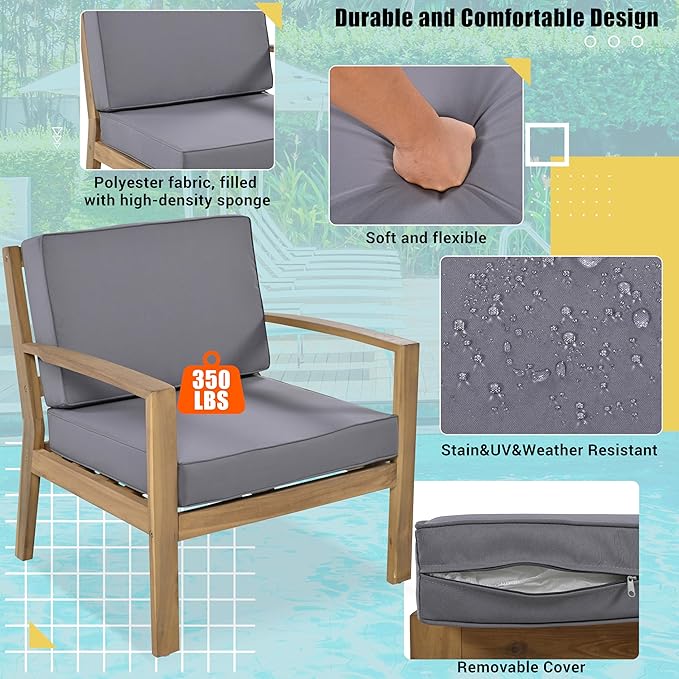 4 Piece Acacia Wood Patio Furniture L-Shaped Outdoor Sectional Sofa Coffee Table, FSC Certified Conversation Set w/Beige Cushions for Garden Backyard