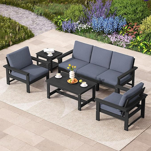 SERWALL HDPE Patio Coversation Set, 7-piece Outdoor Sectional Sofa Set, All Weather Patio Couch Set Patio Furniture for Balcony, Deck, Black Frame with Grey Cushion