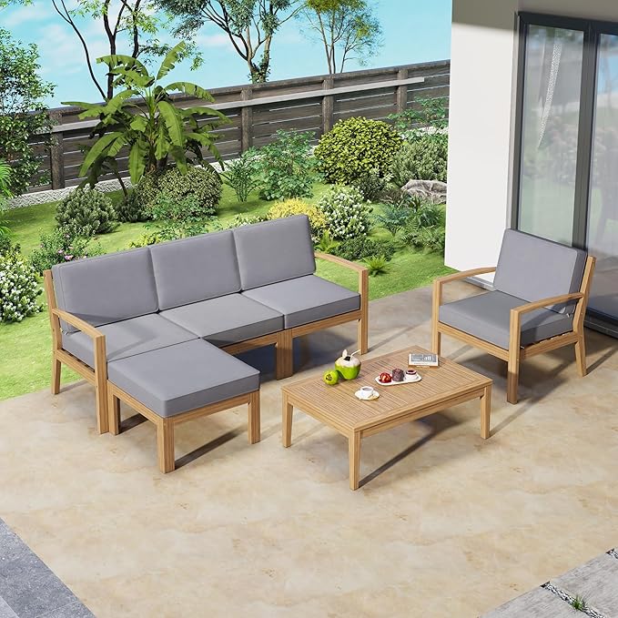 Merax 6 Pieces Sectional Sofa Solid Acacia Wood Frame Outdoor Conversation Furniture Sets with Coffee Table and Removable Cushion for Garden Backyard Patio and Poolside, Grey