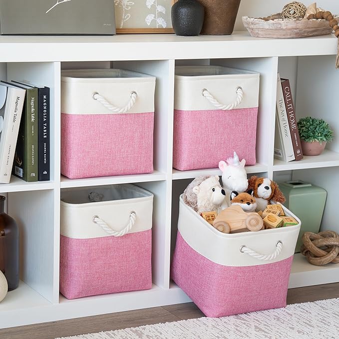 OrganiHaus 11x11 Cube Storage Bins 4 Pack, Foldable Cube Storage Organizer w/ Rope Handles, Collapsible Fabric Bins for Toys, Clothes & Closet Organization, Fabric Square Baskets - Pink/White