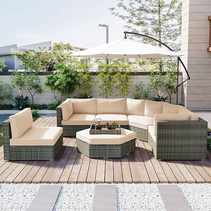 6 Piece Outdoor Patio Furniture Set Conversation Sofa, All Weather Wicker L shaped Sectional Couch with Ottoman, Small Trays and Removable Cushions, for Garden Backyard, Beige