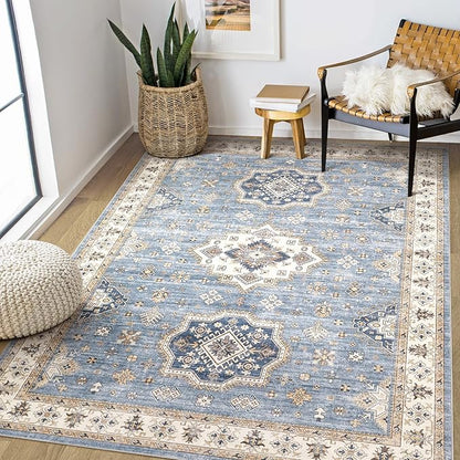 Washable Area Rugs for Living Room - 6x9 Neutral Vintage Distressed Floral Farmhouse Boho Large Soft Floor Rug Indoor Non Slip Carpet for Living Room Bedroom Dining Room Office - Blue