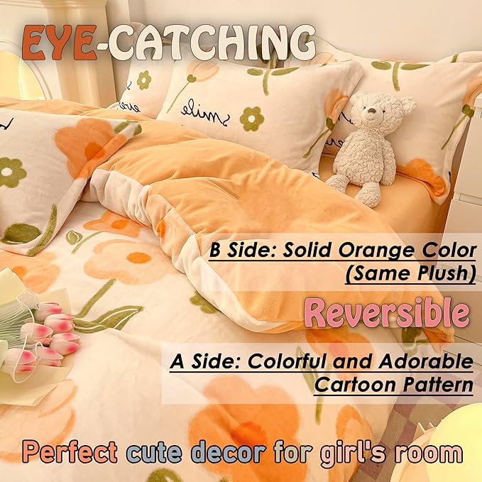 MorroMorn Queen Duvet Cover Orange Flowers, Floral Bedding Sets, Plush Fluffy Comforter Covers Set, Down Alternative Blanket Ultra Soft for Girls Kids Teen Women Full Double Size