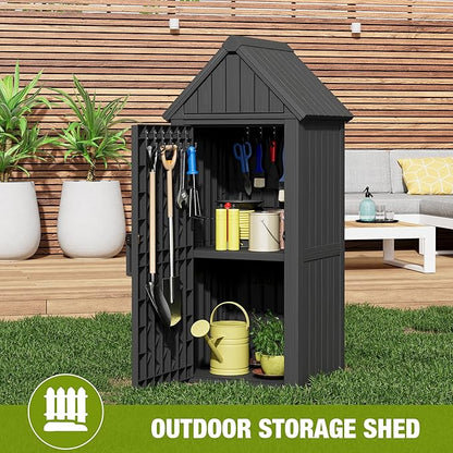 Outdoor Storage Shed – Durable Resin with Sloping Roof and Lockable Door, Waterproof Storage Cabinet with Ample Space, Multiple Hooks for Backyard, Garden, Patio & Lawn Black