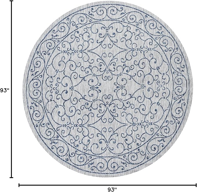 JONATHAN Y Vintage Filigree Indoor Outdoor Round Area Rug 8 Ft Gray/Navy, Charleston Textured Weave for Backyard, Patio, Porch, Easy-Cleaning, High Traffic, Pet-Friendly, Non-Shedding (SMB106C-8R)
