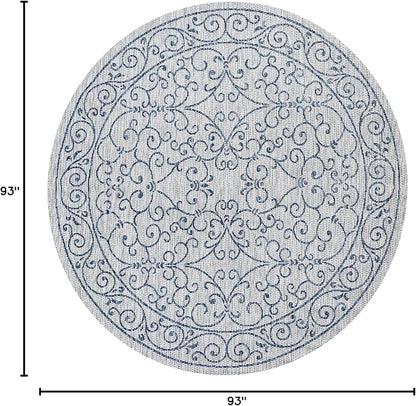 JONATHAN Y Vintage Filigree Indoor Outdoor Round Area Rug 8 Ft Gray/Navy, Charleston Textured Weave for Backyard, Patio, Porch, Easy-Cleaning, High Traffic, Pet-Friendly, Non-Shedding (SMB106C-8R)