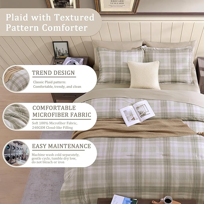 Beige Queen Bed Set, Khaki Green Plaid Comforters Queen Size for Boys & Girls,Classic Homestead-style Queen Size Comforter Sets with Sheets and Comforter Set