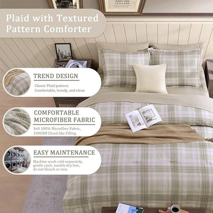 Beige Queen Bed Set, Khaki Green Plaid Comforters Queen Size for Boys & Girls,Classic Homestead-style Queen Size Comforter Sets with Sheets and Comforter Set