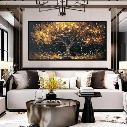Tree Painting Wall Art for Office - Hand Painted Gold and Black Canvas Wall Art for Living Room - Black Framed Wall Art for Bedroom Size 29" x 59"