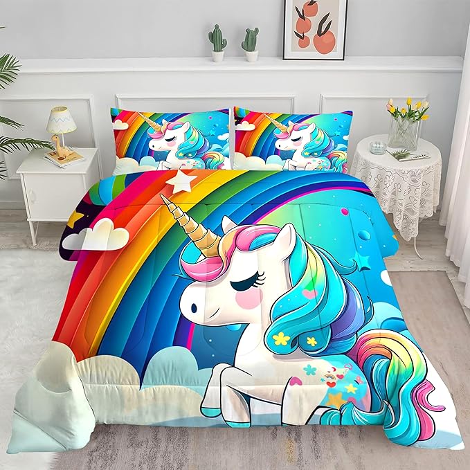 Rainbow Unicorn Bedding Sets Queen Size Comforter Set for Girls Kids Children Teens Boys Cartoon Unicorn Colorful Starry Blue Glitter Quilt 1 Comforter + 2 Pillow Cases