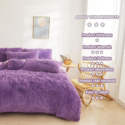 FOPPA Dark Purple fluffy Comforter Cover Set king- Ultra Soft fluffy Purple Bedding Sets 3 Pieces (1 Duvet Cover + 2 Pillow case) pink fluffy bed set (Dark Purple, King)