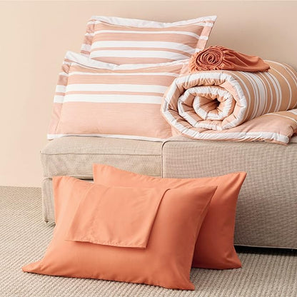Bedsure Bed in a Bag Full Size 7 Pieces, Burnt Orange White Striped Bedding Comforter Sets All Season Bed Set, 2 Pillow Shams, Flat Sheet, Fitted Sheet and 2 Pillowcases
