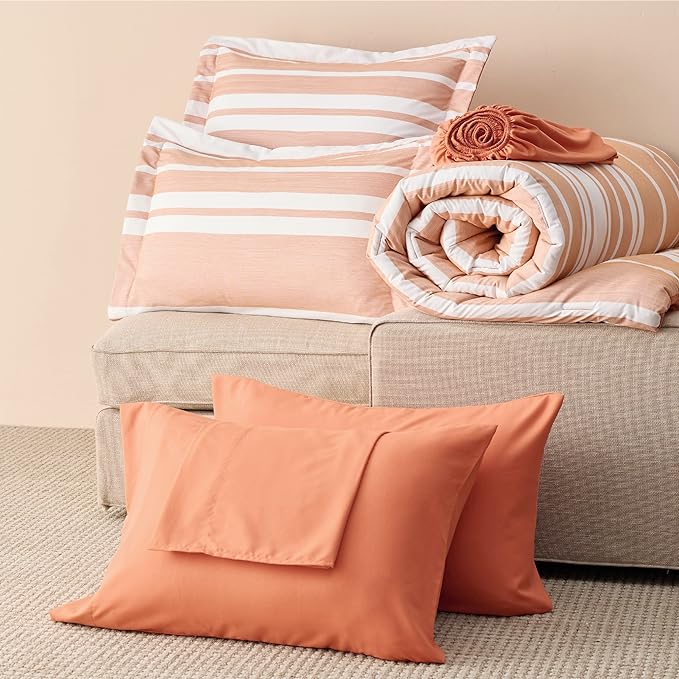Bedsure Bed in a Bag California King Size 7 Pieces, Burnt Orange White Striped Bedding Comforter Sets All Season Bed Set, 2 Pillow Shams, Flat Sheet, Fitted Sheet and 2 Pillowcases