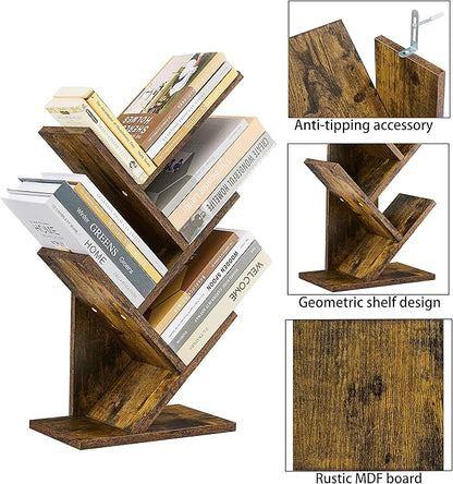 Hoctieon 4 Tier Tree Bookshelf, 4 Shelf Bookcase, Modern Book Storage, Free Standing Tree Bookcase, Utility Organizer Shelves for Home Office, Living Room, Bedroom, Rustic Brown
