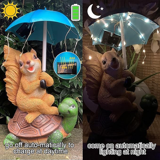 Malister Solar Garden Statue Outdoor Decor - Squirrel Siting on Turtle Statue with String Lights Umbrella for Patio, Garden Decor Garden Art Outdoor Lawn Decor Yard Art, Housewarming Garden Gifts