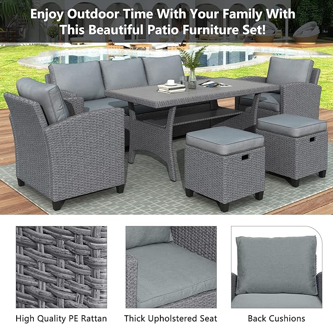 6 7 Pieces Patio Furniture Outdoor Sectional Sofa Conversation Set All Weather Wicker Rattan Couch Dining Table & Chair with Ottoman, Cc-Grey