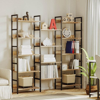 IRONCK Bookcases and Bookshelves Triple Wide 5 Tiers Industrial Bookshelf with Baffles Large Etagere Bookshelf with Metal Frame for Living Room Home Office