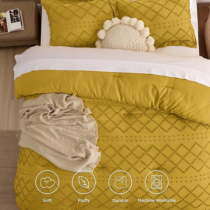 Bedsure Twin/Twin XL Comforter Set - Mustard Yellow Boho Twin Extra Long Comforter Set for College, Shabby Chic Dorm Bedding Set, 2 Pieces Modern Farmhouse Bed Set, includes 1 Pillow Sham