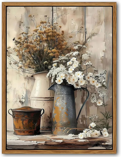 Floating Framed Farmhouse Vintage Canvas Wall Art, Country Floral Daisy Pictures Wall Decor, Wood Grain Art Paintings Poster for Living Room Bedroom Bathroom Rustic Decor 16x24 inch