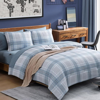 Blue Comforters Queen Size, Plaid Queen Bedding Sets for Boys & Girls,Classic Homestead-Style Bed in A Bag Queen with Sheets and Comforter Set (Light Blue,Queen,90"*90")