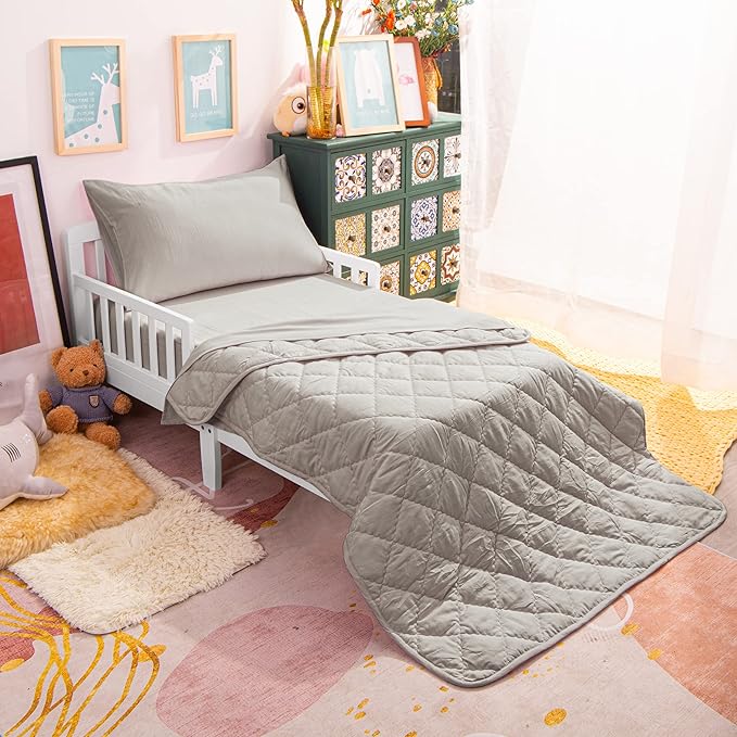 NTBAY Toddler Bedding Set - 4 Piece Soft and Breathable Crib Bedding Set for Boys and Girls, Includes Quilted Comforter, Fitted Sheet, Flat Top Sheet and Envelope Pillowcase, Smoke Grey