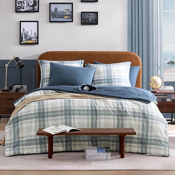 Blue Full Size Comforter Sets, Plaid Comforter Full Size for Boys & Girls,Classic Homestead-style Bedding Sets Full with Full Size Bed Sheets and Comforter Set