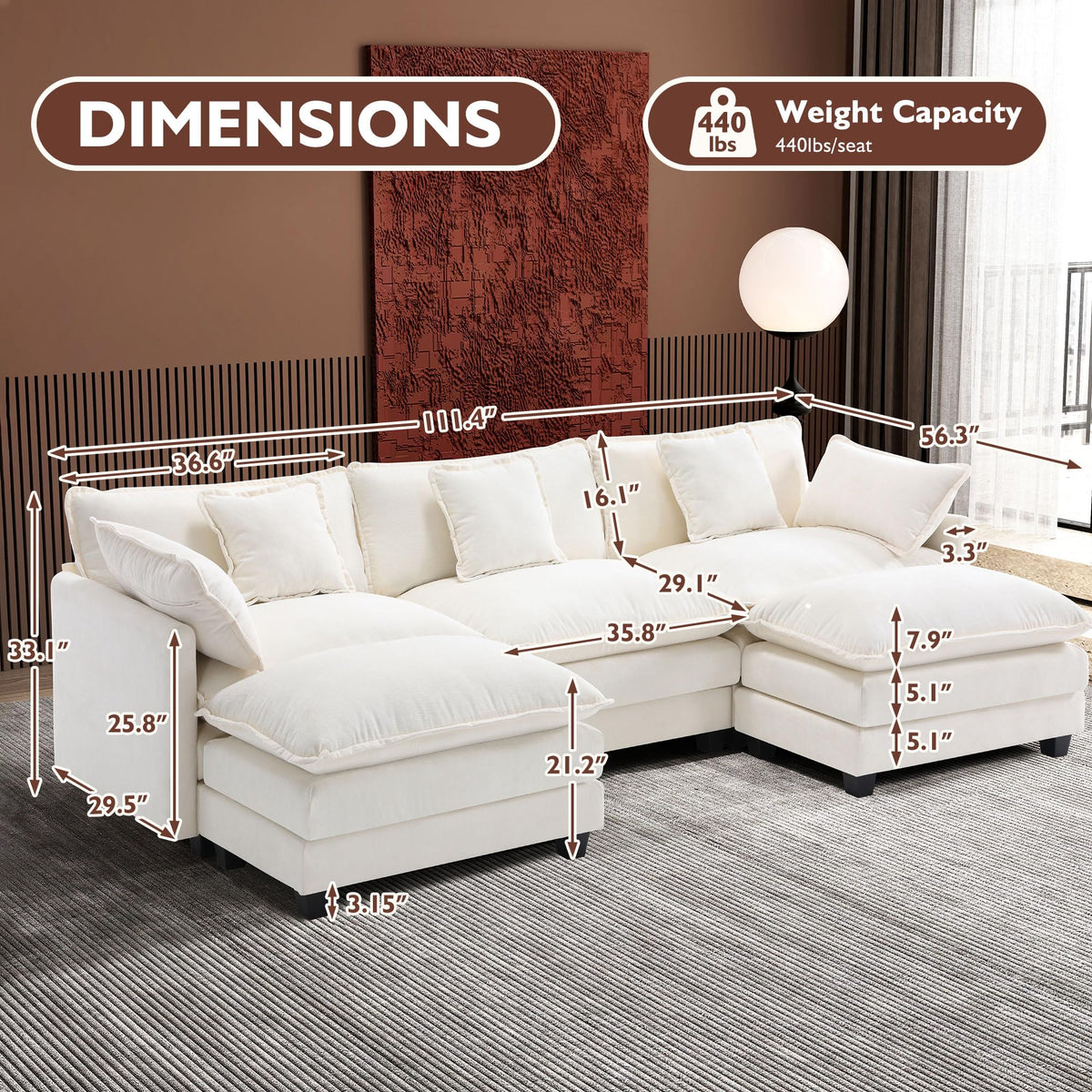 Ihanherry 111.4" L Shaped Modern Sofa Modular Sectional Cloud Couch with Ottoman, 4-Seat Chenille Deep Seat Sofa with Pillow for Living Room, Bedroom and Apartment, Beige