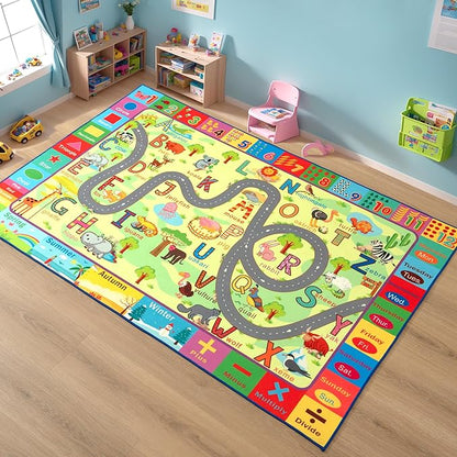 Terrug Kids Rugs for Playroom, Educational Classroom Rug for Kids Room, Washable Nursery Rug Carpet Non Slip Playroom Rug Play Mat for Learning ABC Rug, Numbers, Animal, Colors, Season, 3X5 Feet