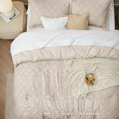 Bedsure Full Size Comforter Set - Beige Comforter, Boho Tufted Shabby Chic Bedding Comforter Set, 3 Pieces Vintage Farmhouse Bed Set for All Seasons, Fluffy Soft Bedding Set with 2 Pillow Shams