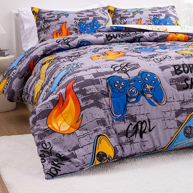 Btargot Gaming Stone Pattern Comforter Set for Boys Girls Kids, 3 Pieces Reversible Skateboard Game Console Flame Painting Bedding Set, Grey Twin