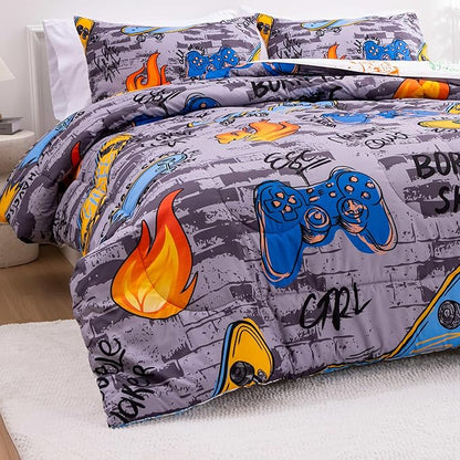 Btargot Gaming Stone Pattern Comforter Set for Boys Girls Kids, 3 Pieces Reversible Skateboard Game Console Flame Painting Bedding Set, Grey Twin