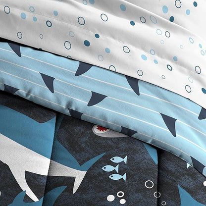 dream FACTORY Kids 5-Piece Complete Set Easy-Wash Super Soft Microfiber Comforter Bedding, Twin, Blue Sharks