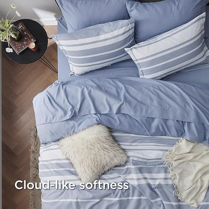 Bedsure King Comforter Set 7 Pieces, White Blue Striped King Bedding Set All Season Bed Set, Bed in a Bag King with Comforter, Sheets, Pillowcases & Shams