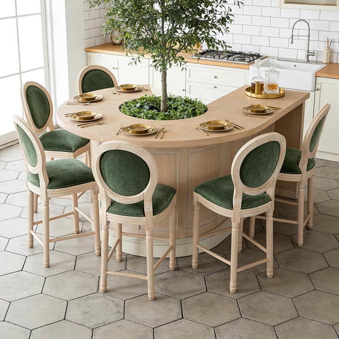 French Country Barstool, Linen Farmhouse Counter Height Chair | Set of 6, with Cushion Round Back and Solid Wood Legs, Oval Chairs for Restaurant, Bar, Kitchen, Café, Green