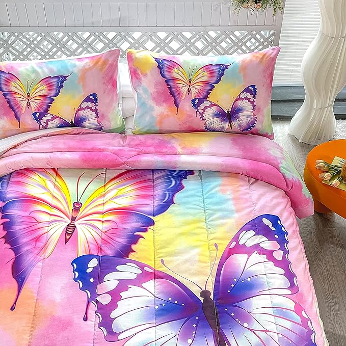 CVHOUSE Butterfly Bedding Set,Butterfly Comforter King,Butterfly Comforter Set for Girls Kids Teens,Butterflies Quilt Set with 1 Comforter and 2 Pillow Cases