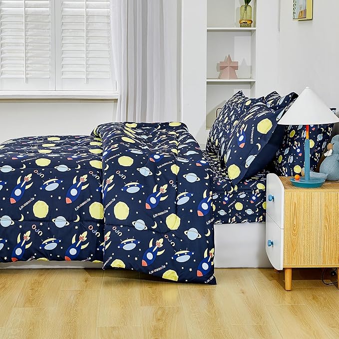 Mooreeke Bed in a Bag for Kids Girls Teens, 7 Pieces Full Size Comforter Bed Set with Shams, Sheet Set, Space Planet Blue Black Soft Microfiber Kids Comforter Bedding Set