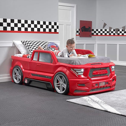 Step2 Turbocharged Twin Size Truck Car Bed, Car Bed for Boys and Girls, Working Headlights & Built-In Storage, Toddlers Ages 3+ Years Old, Adult Assembly Required, Vibrant Red