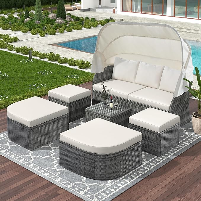 Rectangle Furniture Daybed Sunbed with Retractable Canopy, Outdoor Wicker Conversation Set with Cushions for Patio, Backyard, Porch, Garden, Hb-Beige