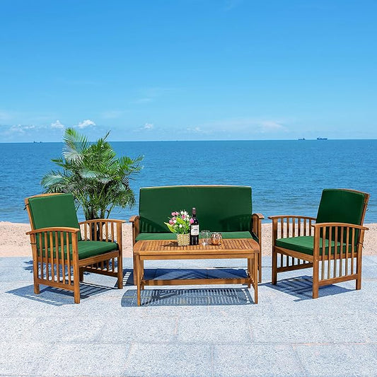 SAFAVIEH Outdoor Collection Rocklin Natural/ Green Cushion 4-Piece Conversation Patio Set