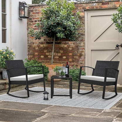 Greesum 3 Pieces Outdoor Furniture Set Patio Bistro Rocking Chairs with Glass Coffee Table for Pool Beach Backyard Balcony Porch Deck Garden, White