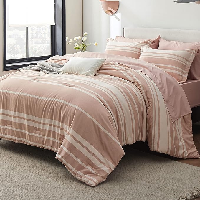 Bedsure Bed in a Bag Full Size 7 Pieces, Dusty Pink White Striped Bedding Comforter Sets All Season Bed Set, 2 Pillow Shams, Flat Sheet, Fitted Sheet and 2 Pillowcases