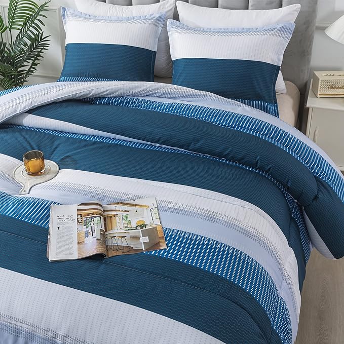 Andency Stripe Comforter Set Twin Size (66x90 Inch), 2 Pieces Navy Patchwork Striped Comforter, Soft Microfiber Down Alternative Comforter Bedding Set with Corner Loops