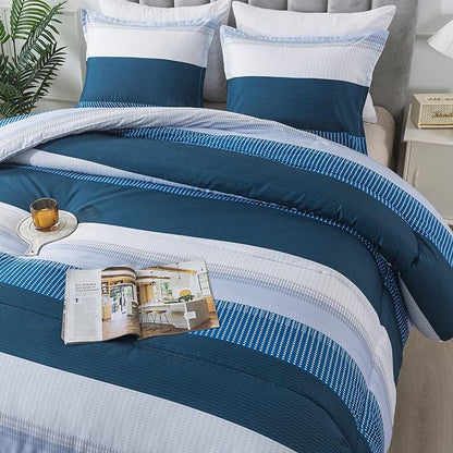 Andency Stripe Comforter Set Twin Size (66x90 Inch), 2 Pieces Navy Patchwork Striped Comforter, Soft Microfiber Down Alternative Comforter Bedding Set with Corner Loops