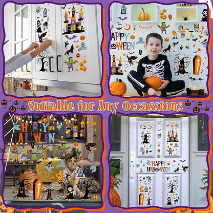115PCS Halloween Window Clings, 9 Sheets Halloween Decorations, Cute Witch Tree Zombie Ghost Patterns PVC Window Stickers for Treat or Trick Party Favors Decal Supplies Decor Accessories